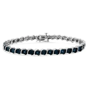 .925 Sterling Silver 1/10 Cttw Miracle-Set Treated Blue Color Diamond Miracle Plate "S" Link Tennis Bracelet (Blue Color, I2- I3 Clarity) - 7.25"